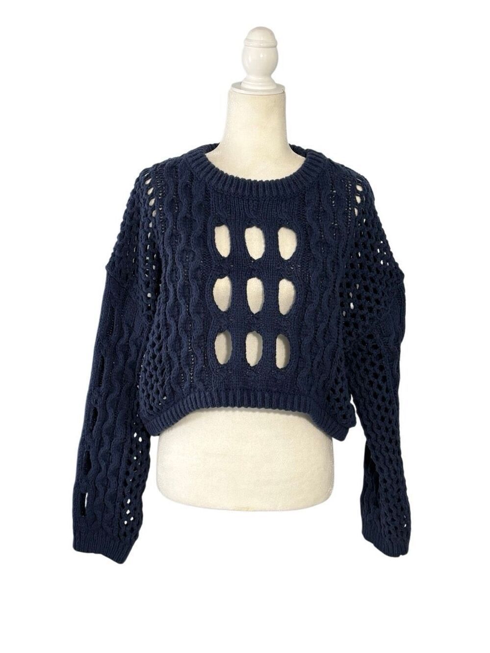 Cider navy blue cropped hollowed out chunky knit sweater - 1X